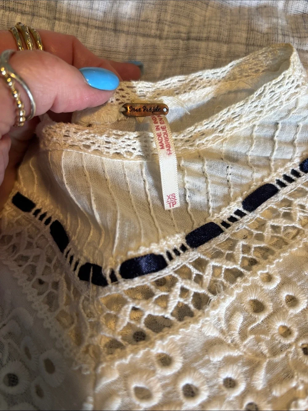 Free People Ivory Eyelet Peasant Top with Lace Yoke - Picture 2 of 5
